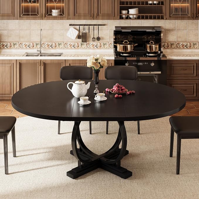 iPormis 59'' Extendable Round Dining Table for 4 to 6, Oval Kitchen Table with Sturdy X-Base Metal Legs, MDF Board with Backboard Clasp, Space Saving, Easy Assembly, Kitchen Dining Living Room, Black