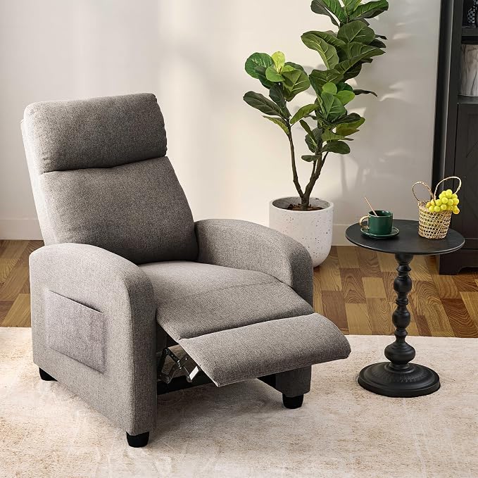 Recliner Chair for Living Room, Modern Adjustable Home Theater Seating Single Sofa Manual Push Back Armchair with Soft Linen Upholstery & High Backrest for Small Spaces, Linen-Gray