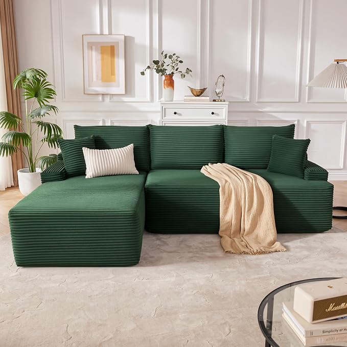 Mangodan Cloud Sectional Couch, Modular Sectional Sofa for Living Room, Fluffy Comfy Couch with L-Shaped Chaise, Boneless Sofa with Deep Seat, No Assembly Required, Green