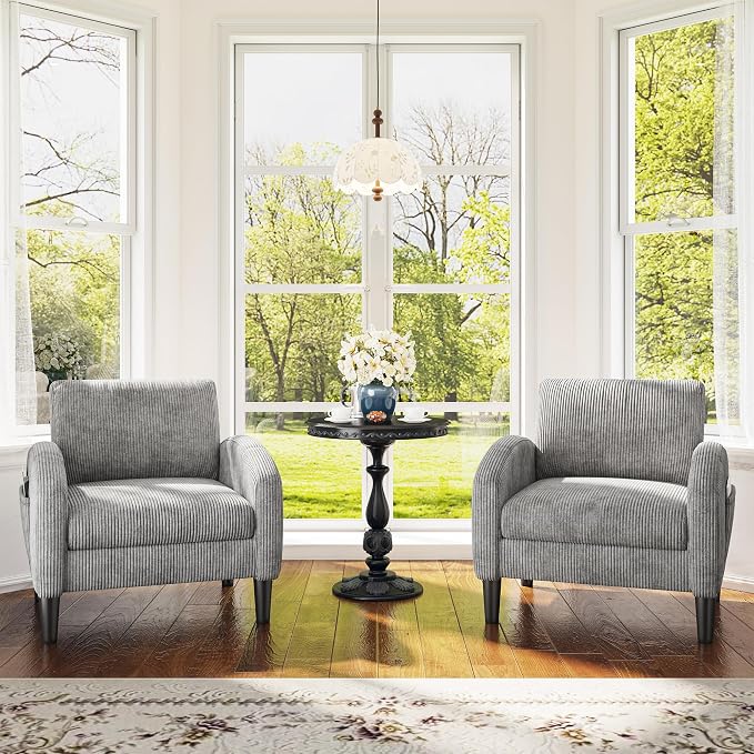 Homkdom Accent Chairs Set of 2 for Living Room,Mid Century Modern Reading Chair with 2 Side Pockets,Upholstered Armchair for Apartment,Small Room,Grey
