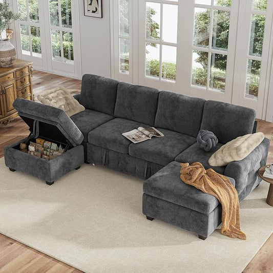 Hanherry 104" Sectional Couch with Pull Out Sofa Bed,Chenille Sleeper Sofa with Storage Ottoman & USB Charging,Comfy U Shaped Modular Couches for Living Room,Apartment