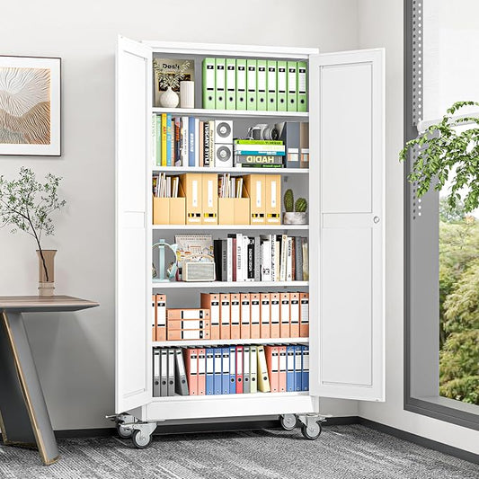 Metal Garage Storage Cabinet, 74”Tall Rolling Utility Cabinet White | storage system with Wheels, Lock, 5 Adjustable Shelves, Heavy Duty Steel Tool Locker for Home Office, Utility Room, Gym