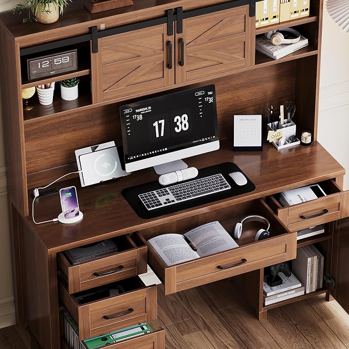 LUMISOL Farmhouse Executive Desk with Hutch and Charging Station, Computer Desk with 2 Sliding Barn Doors, 5 Drawers and Storage Cabinet with 3-Position Adjustable Shelf, Walnut