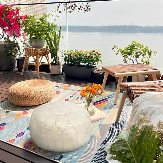 Thgonwid Unstuffed Moroccan Faux Leather Pouf Ottoman Cover with Storage - Boho Chic Multi-Use Footrest for Living Room, Bedroom, Patio - Round Ethnic Floor Cushion & Decorative Accent, Ivory
