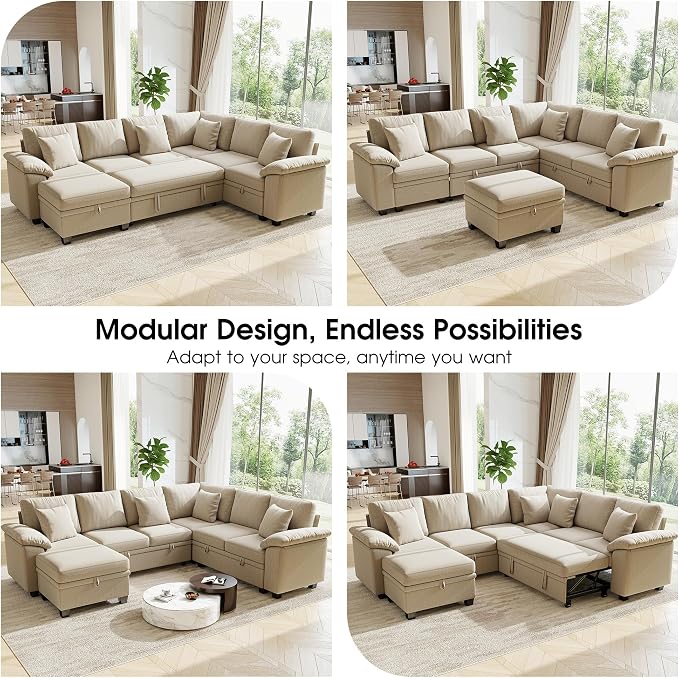 107.8" Modular Sectional Sleeper Sofa with Pull Out Bed, U Shaped 7 Seat Couch with 221L Storage, Convertible Cloud Couch Bed with Ottoman, Sectional Couches for Living Room, Apartment (Sand)