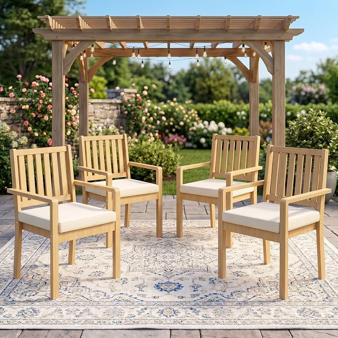 FansaFurn Acacia Patio Dining Chairs Set of 4, Outdoor Wood Chairs with Thick Cushions, Modern Patio Seating for Backyard, Porch, Garden, Indoor Use, Beige