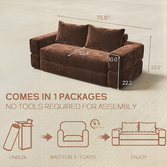 75'' Folding Convertible Sofa Bed with Large Pillow, 4-in-1 Foldable Pull Out Futon Sofa Bed, Chenille Boneless Mattress Couch, No Assembly Floor Sleeper Sofa Bed for Living Room/Bedroom, Caramel