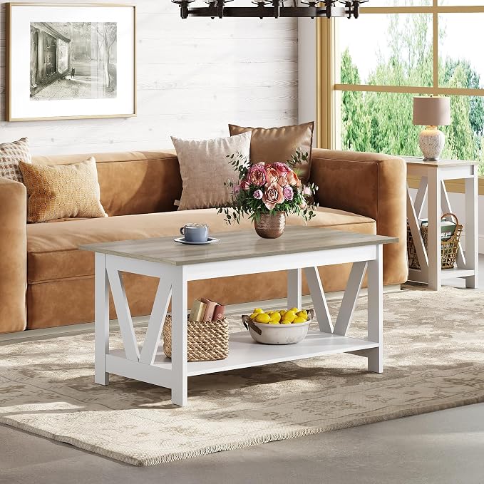 WLIVE Coffee Table for Living Room with Storage Shelf, 39.4" Farmhouse Coffee Table with V-Frame Support, 2-Tier Wood Rustic Center Table for Home Office, Apartment, Greige & White