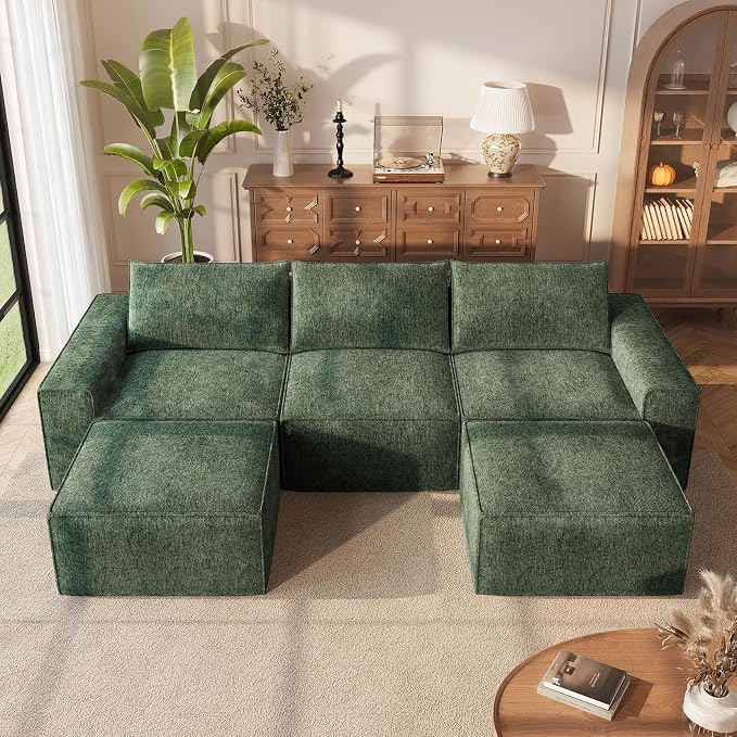 Vesgantti 114" Boneless Modular Sectional Sofa, Modern U Shaped 5 Seater Couch with 2 Ottoman & Deep Seat, Convertible Chenille Cloud Couches for Living Room, No Assembly Required, Green
