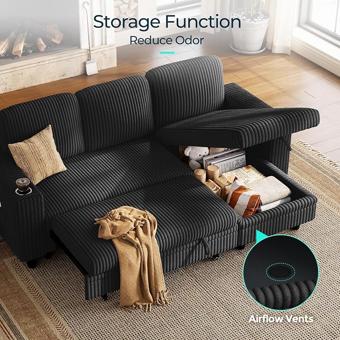LINSY HOME Sectional Sleeper Sofa with Pull Out Couch Bed - Convertible Plush Corduroy Cloud Couch with Storage Chaise & USB Charging, Comfy L Shaped Modular Couches for Living Room Apartment, Black