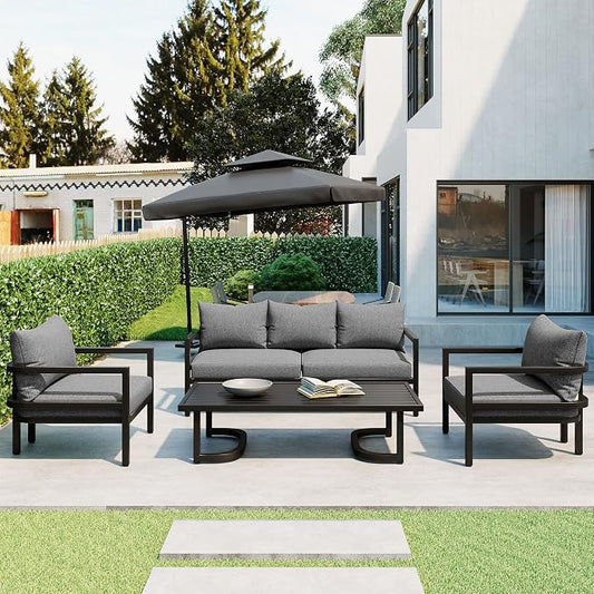 4-Piece Outdoor Steel Sofa Set, All Weather Patio Conversation Set with 1 Love Sofa, 2 Single Sofa and Coffee Table, Waterproof Cushions, Suitable for Backyard Poolside Gardens (Light Grey-Z)