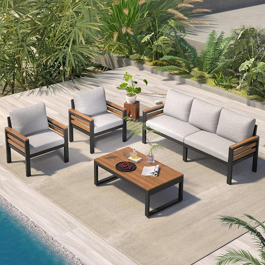 VilroCaz 4-Piece Outdoor Patio Furniture Sectional Sofa Set with Acacia Wood Armrests, All-Weather Conversation Set with Removable Cushion and Solid Wood Coffee Table for Garden Backyard (Beige-TH)