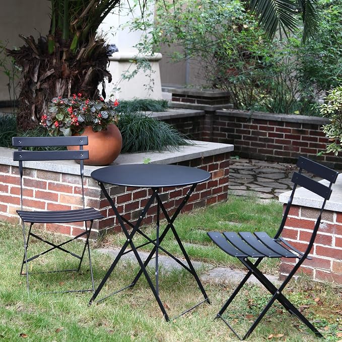 Grand patio 3-Piece Folding Bistro Set, 2 Chairs and 1 Table, Weather-Resistant Outdoor/Indoor Conversation Set for Patio, Yard, Garden-Black