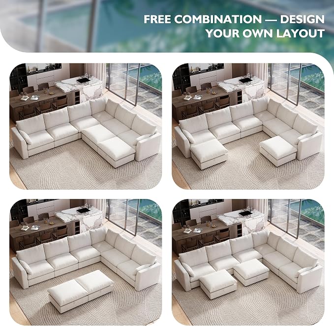 Ihanherry 146" Oversized Modular Sectional Sofa, Modern V Shaped Cloud Couch with 2 Storage Ottoman, 8-Seat Comfy Chenille Deep Seat Sofa with 2 Pillows for Living Room, Beige