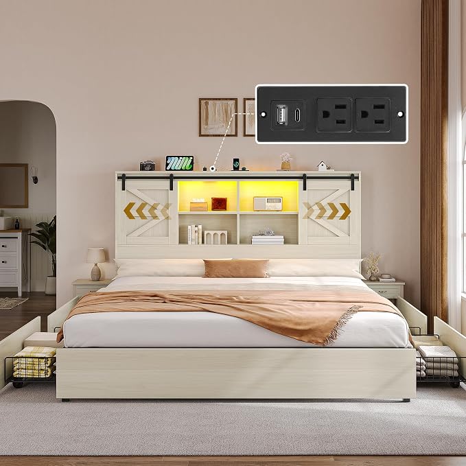 YITAHOME Farmhouse King Size Bed with 50" Tall Storage Bookcase Headboard, Sliding Barn Door, 4 Storage Drawers, RGB LED Bed Frame w/Type-C&USB Charging Station, No Box Spring Needed Antique White