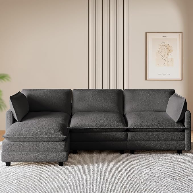 ROWHY 112'' Sectional Cloud Couch with Movable Ottoman, 4 Seat Modern Chenille Modular Sofa with 2 Throw Pillows, Deep Seat L Shaped Couch for Living Room Bedroom Apartment, Dark Grey | Sturdy Frame