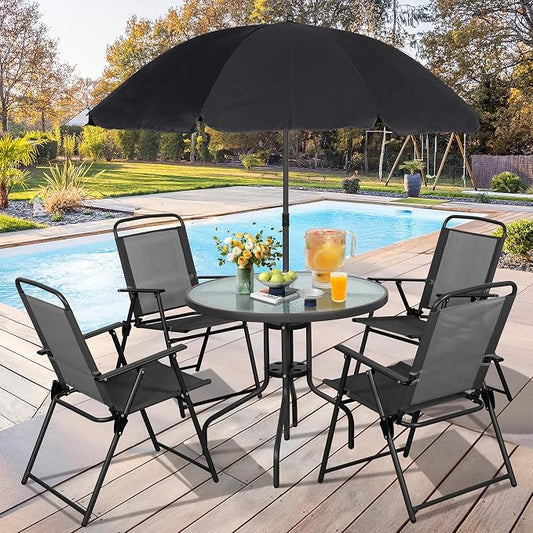 Vongrasig 6 Piece Folding Patio Dining Set,Small Metal Outdoor Garden Patio Table and Chair Set w/Umbrella for Lawn,Deck,Backyard,Black