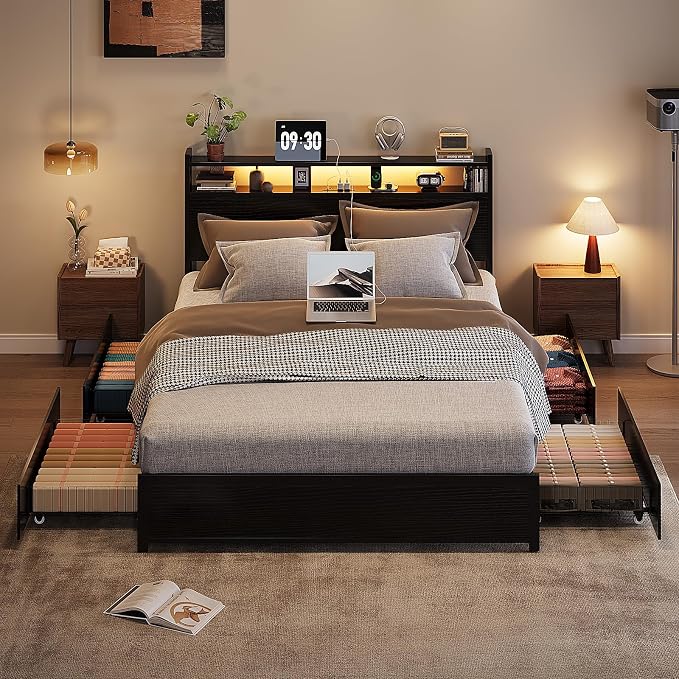 VINGLI Metal Bed Frame King with 4 Drawers and Storage Headboard, Platform with Charging Station and LED Lights, No Box Spring Needed, Noise Free, Easy Assembly, Black