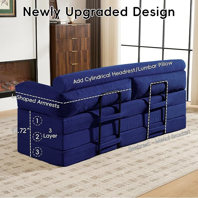 5-in-1 Convertible Sofa Bed, 78" Boneless Couch Tri Folding Mattress with Removable L-Shaped Armrests, Corduroy Futon Couch Sleeper with Pull Out Bed for Living Room Bedroom Apartment, Blue