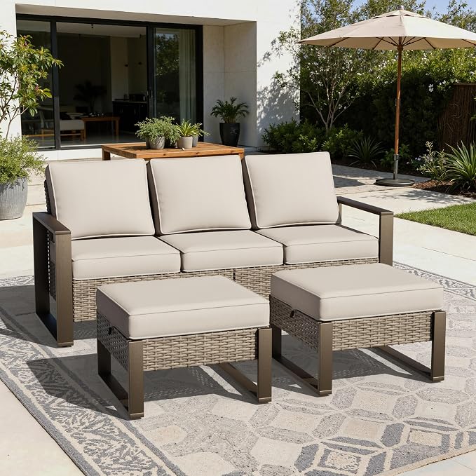 Joyside Outdoor Patio Sofa, 4 Pieces Wicker Rattan Furniture Set, 1 Patio Couch and 2 Ottoman, Metal Wide Armrest, Thick Cushions and Deep Seating for Garden, Backyard, Porch, Deck