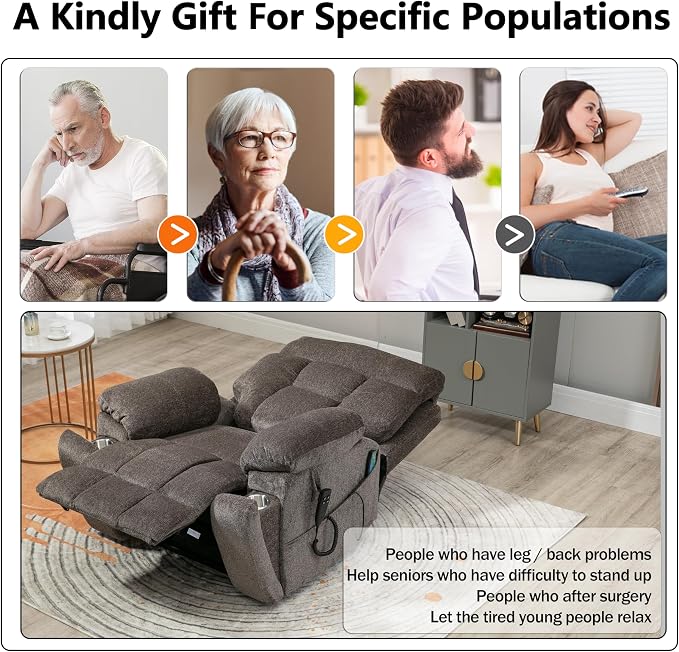 JIKFRIMA Dual Motor Power Lift Recliner Chair with Massage Heating for Adults Elderly, Electric Lift Chairs Lay Flat Recliners, Infinite Position, 2 Hidden Cup Holders