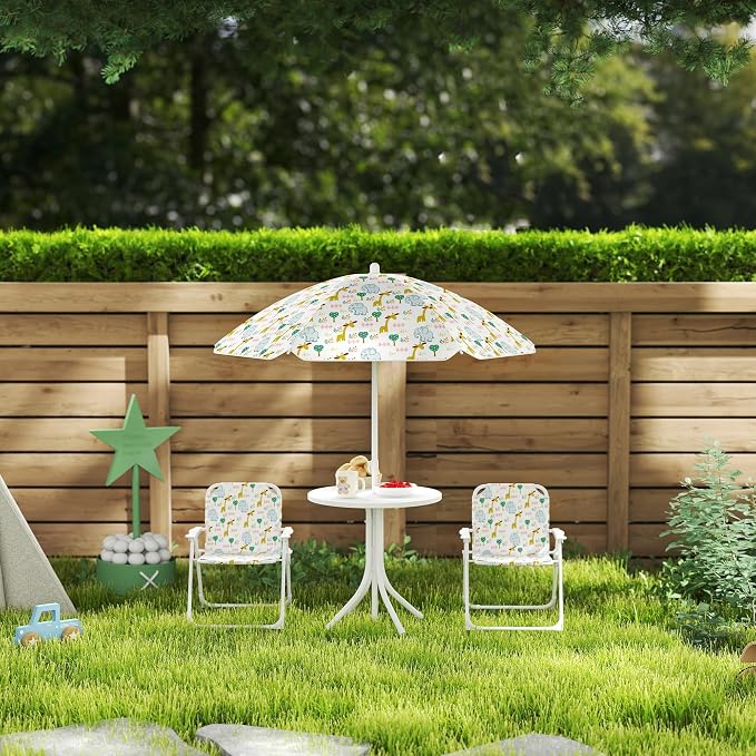 Qaba Kids Picnic Table and Chair Set, Outdoor Activity Table with Foldable Chairs, Removable Umbrella, Elephant and Giraffe Pattern Toddler Patio Furniture for Backyard, Garden, White