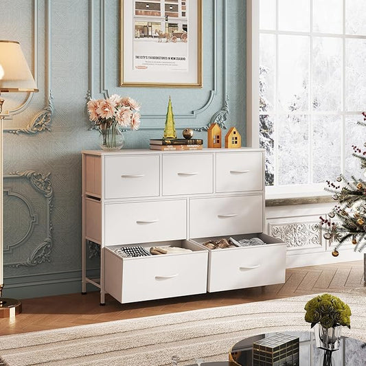 WLIVE 7 Drawer Dresser TV Stand, Dressers for Bedroom, Fabric Storage Tower, Hallway, Entryway, Closets, Sturdy Steel Frame, Wood Top, Easy Pull Handle, White