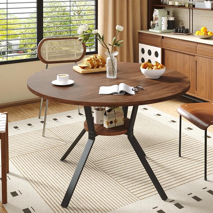 Dining Table for 2-4, 43“ Round Dining Room Kitchen Table with Storage,Round Table for Living Room,Fluted Wood Table,Oval Dinner Furniture with Adjustable feet (Walnut, 43 Inch)