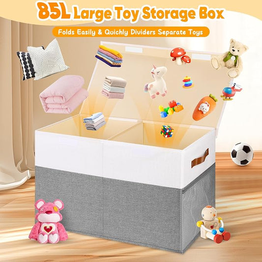 Mabahoo Large Toy Box, Collapsible Sturdy Storage Chest With Lids, Kids Toy Chest Storage Organizer Toddler Bin Boxes for Living Room, Bedroom, Nursery, 25"x13"x16", White & Gray