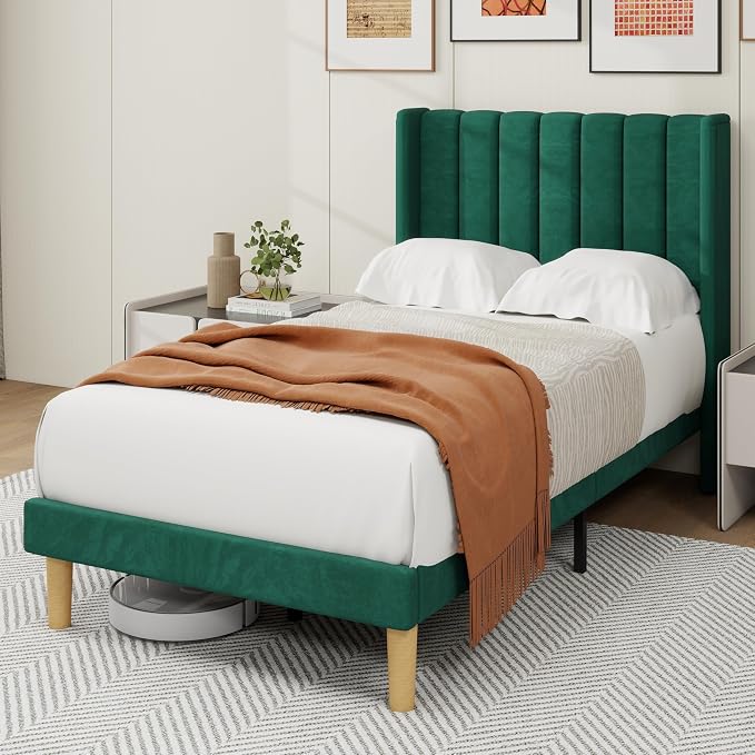 alazyhome Platform Bed Frame Twin Size with Upholstered Headboard, Solid Wood Slats Support, No Box Spring Needed, Noise Free, Easy Assembly, Modern Velvet Bed, Green