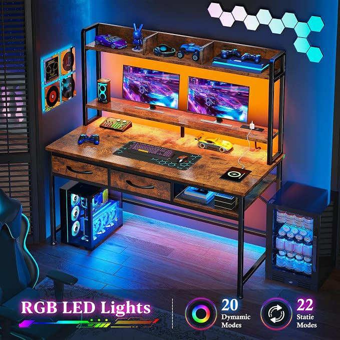 DurayLoly 39.4" Office Desk with Shelves & Monitor Stand, Computer Desk with Hutch&Drawers, LED Lights & Power Outlet, for Modern Home Office & Bedroom, Small Space, Rustic Brown