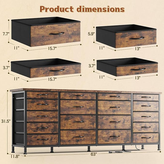 EnHomee 63" W TV Stand for 75" TV, 18 Drawers with LED & Charging, Brown | Long Dresser for 65"-75" TV, Deep Drawer, Spacious Storage, Drawers Glide, No Wobbling, Anti-tip, Easy Assembly, Wipes Clean