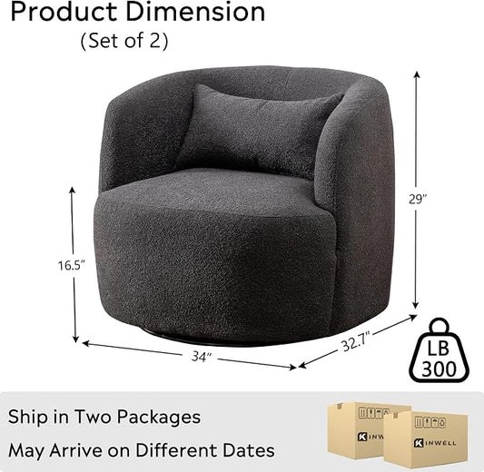 KINWELL 34" Wide Boucle Swivel Barrel Chairs Set of 2, No Assembly Round Upholstered Armchairs Accent Chairs Single Sofa Chair with Toss Pillow for Living Room and Bedroom, Dark Grey