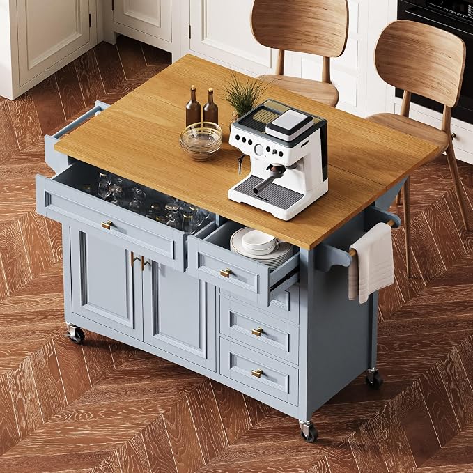Large Kitchen Island with Rubber Wood Drop Leaf, Rolling Kitchen Cart with Ample Storage on Wheels with Doors and Drawers, Embossed Texture for Dining Room (52Inch, Grey, Golden Handle)