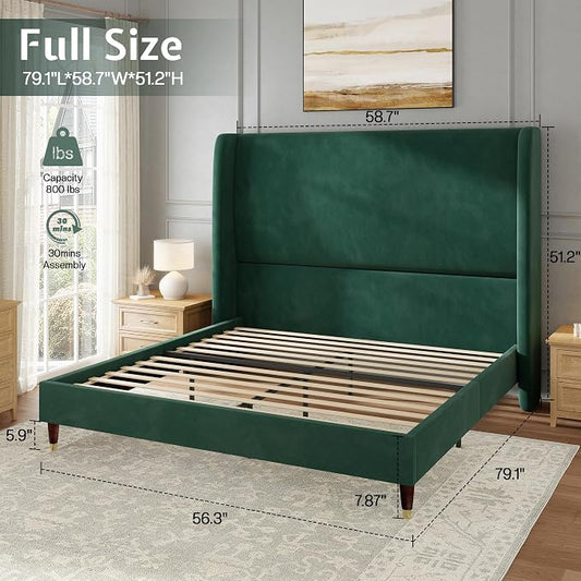 Jocisland Full Bed Frame 51.2" Wingback Headboard Velvet Upholstered Platform Bed,Solid Wood Legs & Wooden Slats,No Box Spring Needed,Noise-Free,for Teen Room Small Bedroom Cozy Home,Green