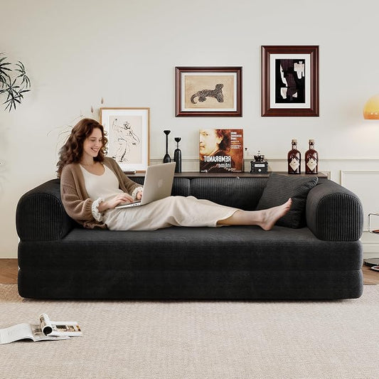 JINGLING 79" Queen Sleeper Sofa Bed with Memory Foam, Compressed Couch in a Box, Foldable Convertible Small Couches for Small Spaces Bedroom Game Room, Corduroy Fabric, Black