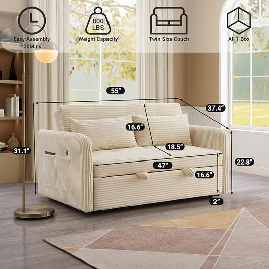 55.5" Corduroy Convertible Sofa Bed, Pull Out Sleeper Sofa Bed, Loveseat Couch with USB Charging Ports, 3 in 1 Convertible Sleeper Sofa Bed for Living Room, Apartment, Bedroom, RV, Beige