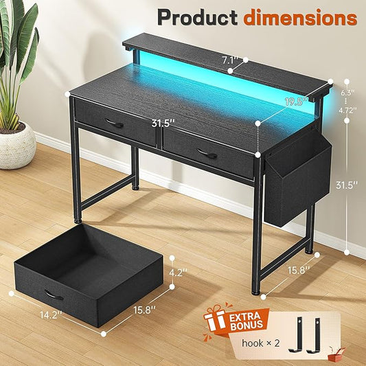 DurayLoly 31Inch Office Computer Desk with LED Lights & 2 Fabric Drawers, Gaming Desk with Side Pocket & Ergonomic Monitor Stand, Small Space Study Writing Table with Anti-Tip Design,Black