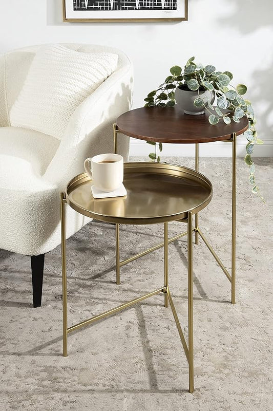 Kate and Laurel Ulani Modern Nesting Side Table, Set of 2, Walnut Brown Wood and Gold Metal, Glamorous End Tables for Storage and Display