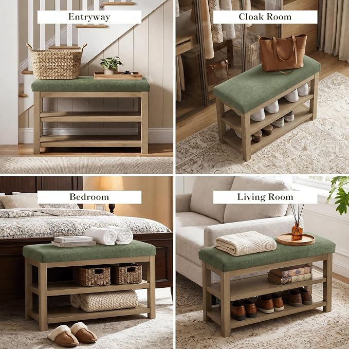Zihanhome 2 Tier Shoe Rack Bench with Cushion, Solid Wood Shoe Benches, Mid-Century Modern Shoe Storage Bench for Entryway, Hallway, Living Room, Closet, Front Door Entrance, (Green, 31.5")