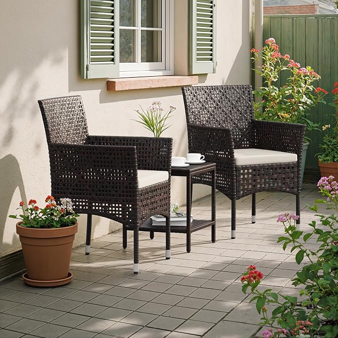 Devoko Patio Furniture Set 3 Pieces Outdoor Wicker Chairs Set of 2 with Coffee Table for Outside Porch Balcony (Brown)