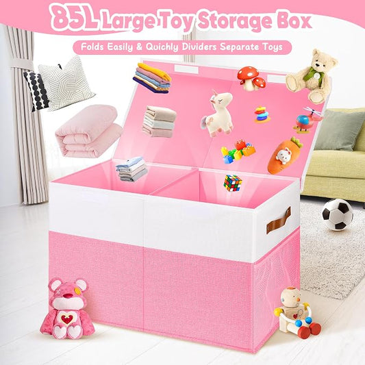 Mabahoo Large Toy Box, Collapsible Sturdy Storage Organize Chest Boxes With Lids, 25"x13"x16" Kids Toy Chest Bin Baskets for Living Room, Bedroom, Nursery, White & Pink