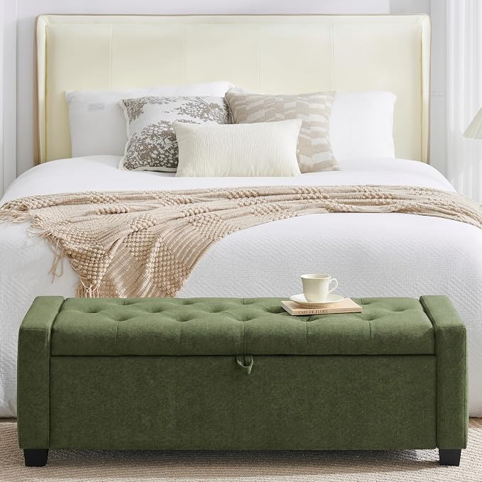 Huatean Home 48" Ottoman with Storage, Storage Ottoman Bench with Safety Hinge, Upholstered Entryway Bench with Seating for Bedroom, Living Room, Holds up to 330 lb, Green