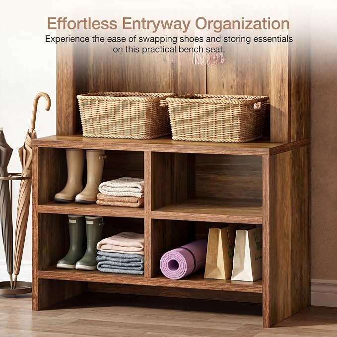 Tribesigns 70.8" Arched Coat Rack, 4-in-1 Hall Tree with Bench and Shoe Storage, Freestanding Coat Tree Rack with 4 Hooks & Adjustable Cubbies, for Mudroom, Entryway, Bedroom, Rustic Brown