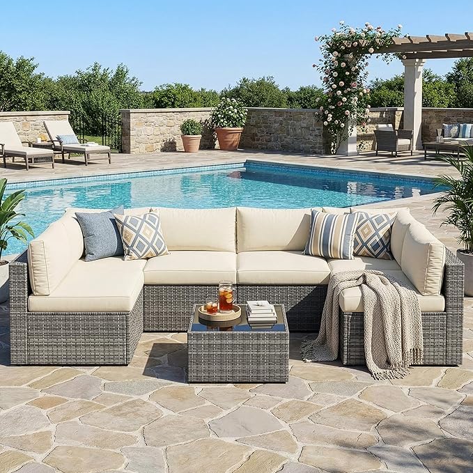 Wisteria Lane 7 Pieces Outdoor Patio Furniture Set, Wicker Outdoor Patio Sectional Sofas with Coffee Table, All-Weather Patio Conversation Set for Garden Backyard, Beige