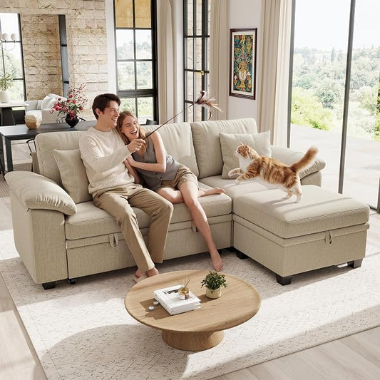 Ihanherry 86" Modular Sectional Sofa with Pull Out Bed, 4-Seater L Shaped Sectional Sleeper Couch with Storage Ottoman, Chenille Convertible Couches for Living Room, Apartment (Sand)