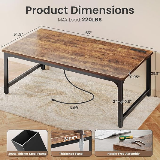 Huuger 63 x 31.5 inch Desk with Power Outlets & USB-C, 0.95 Inch Thicker Desktop, Robust Metal Tubes, Deep Computer Desk, Heavy Duty Office Desk, for Home Office, Rustic Brown