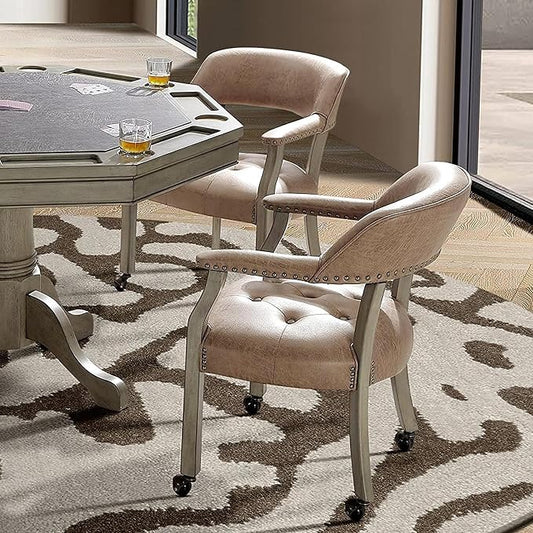 LEEMTORIG Large Dining Chairs with Casters and Arms, Rolling Dining Chairs with Wheels, Solid Wood Boss Caption's Chairs, 26" D x 25.2" W x 31.5" H, Grey Legs & Yellowish Brown Fabric SY-1318-LT
