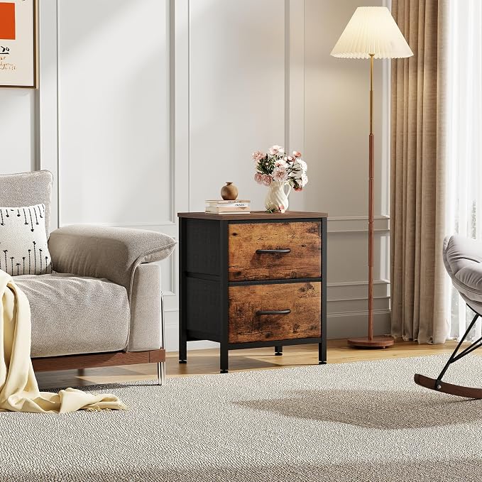 Sweetcrispy Nightstand Set of 2 with 2 Storage Drawers, Small Bedside Table | 20" Height Furniture End Table, Wooden Top Fabric Cabinet for Bedroom, Closet, Entryway, Brown 2PC