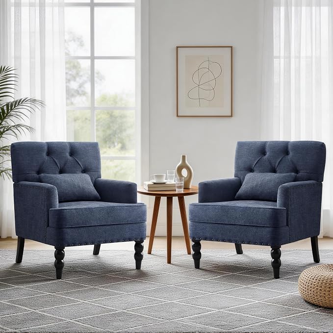 HUIMO Accent Chair for Living Room, Tufted Upholstered Club Chair with Lumbar Pillow, Vintage Reading Armchair with Solid Wood Legs for Bedroom Apartment, Indigo Blue